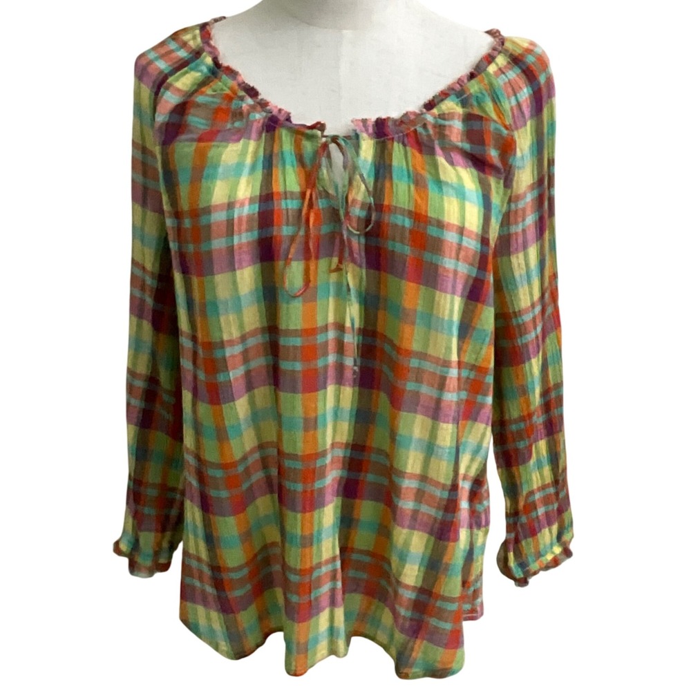 Lauren Jeans Ralph Lauren Plaid Tie Neck‎ Long Sleeve Blouse Multicolor Womens